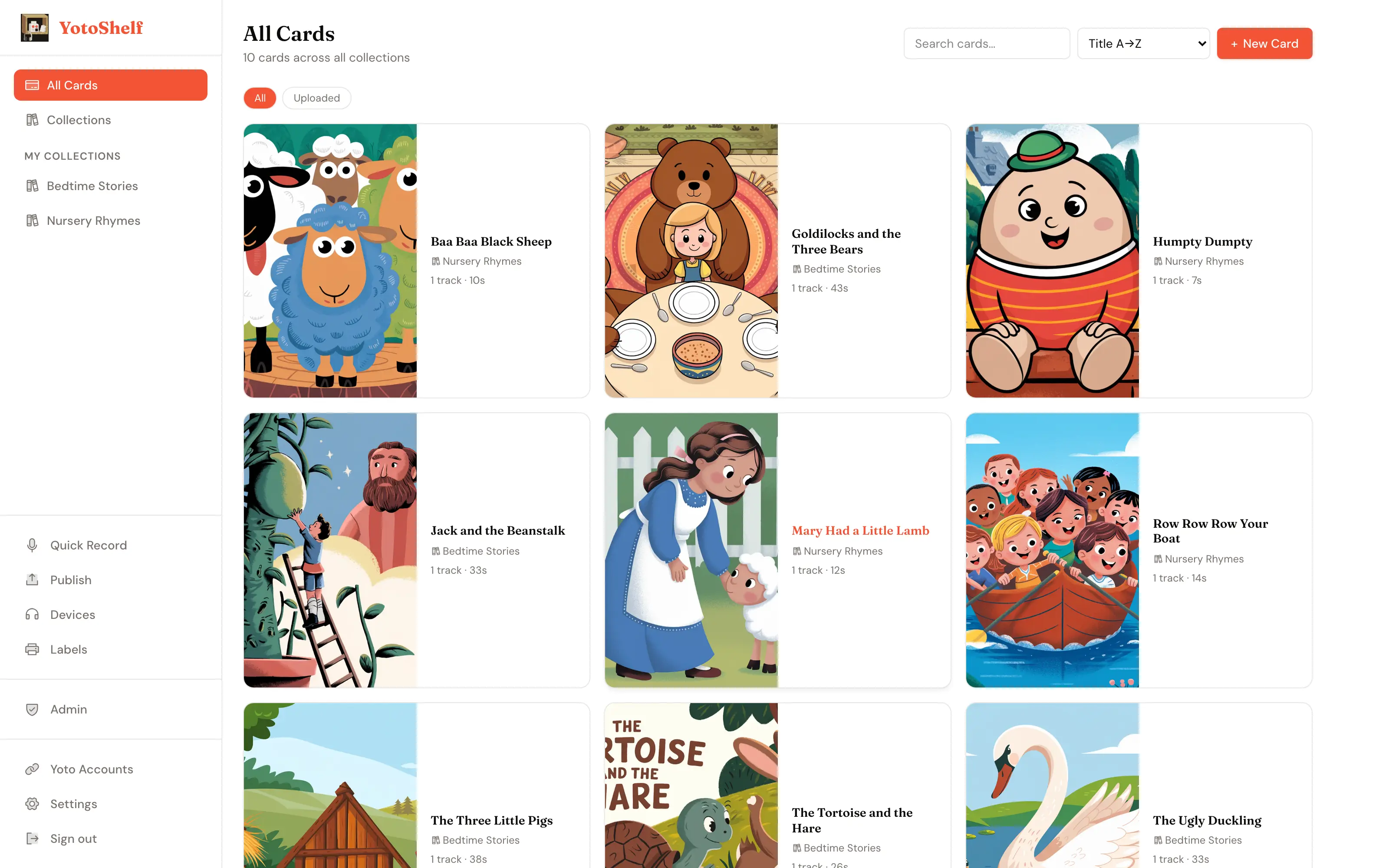 Library grid showing all cards with full-bleed illustrated covers