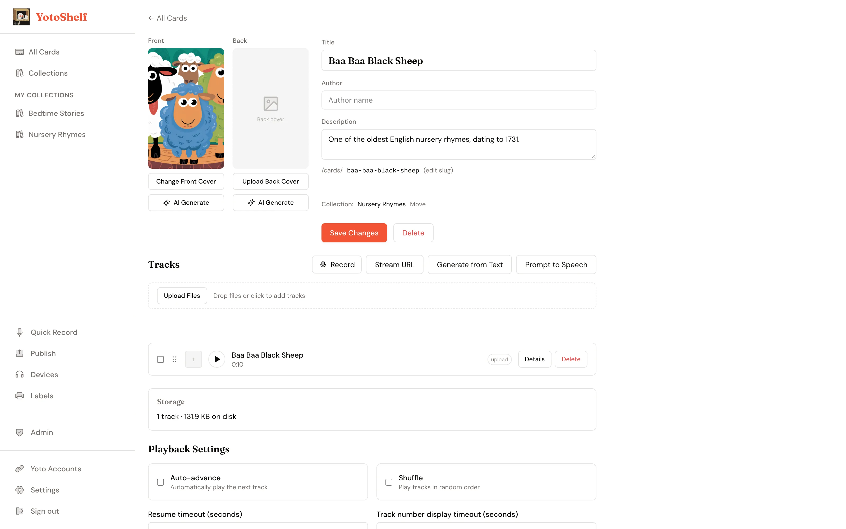 Card detail page with cover, tracks, and playback settings