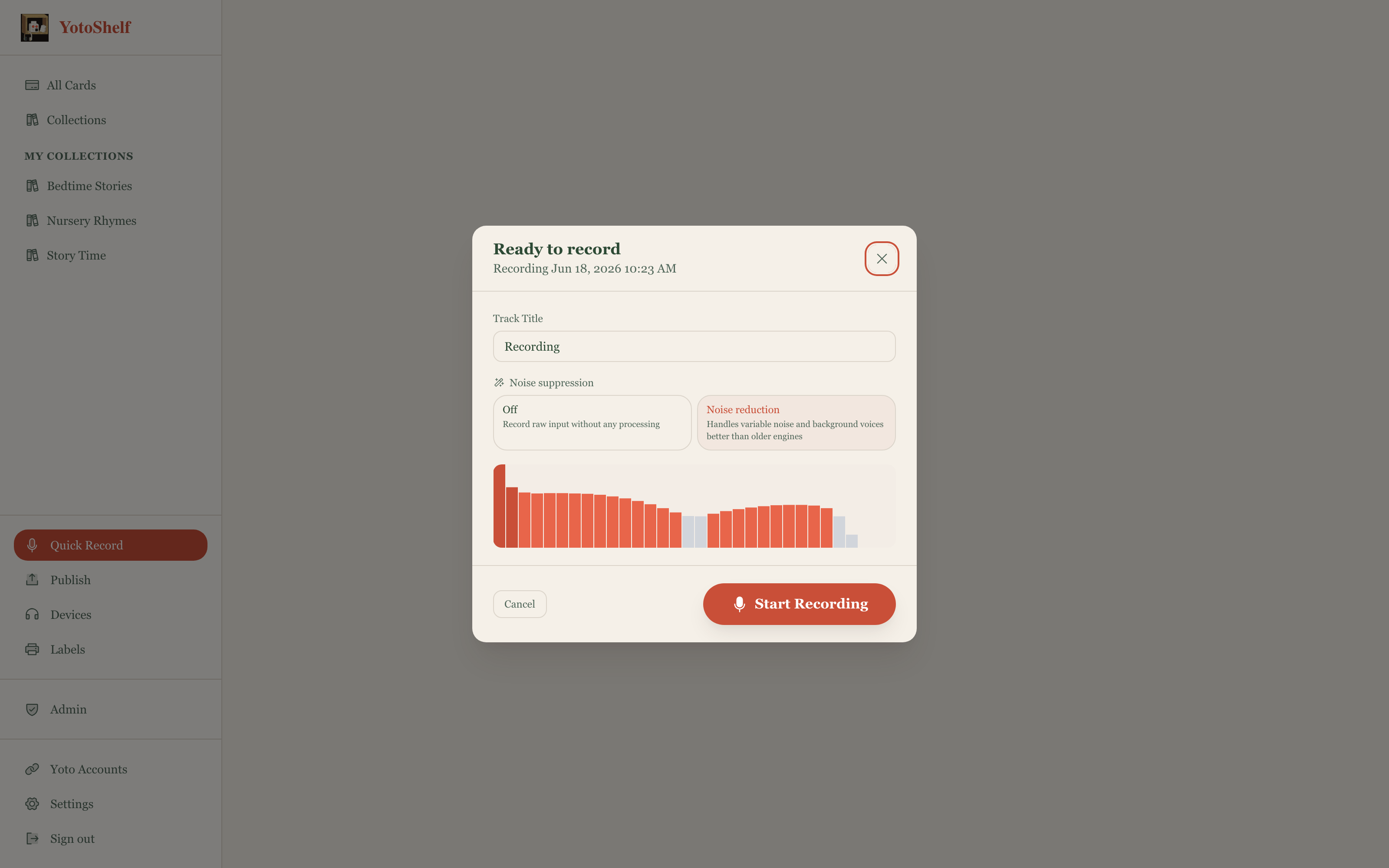 In-browser recording interface with noise reduction controls