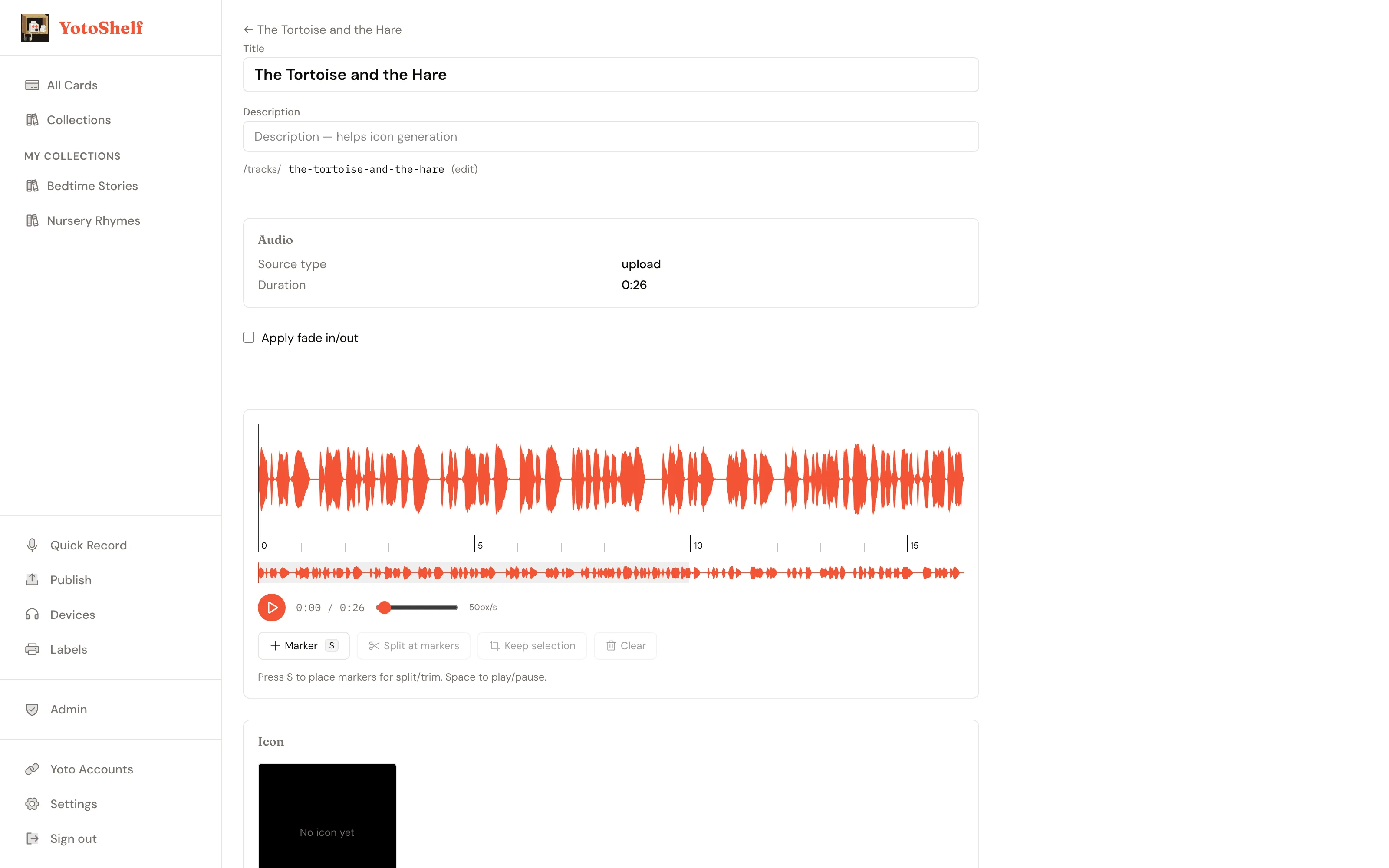 Track icon editor with waveform trimming controls