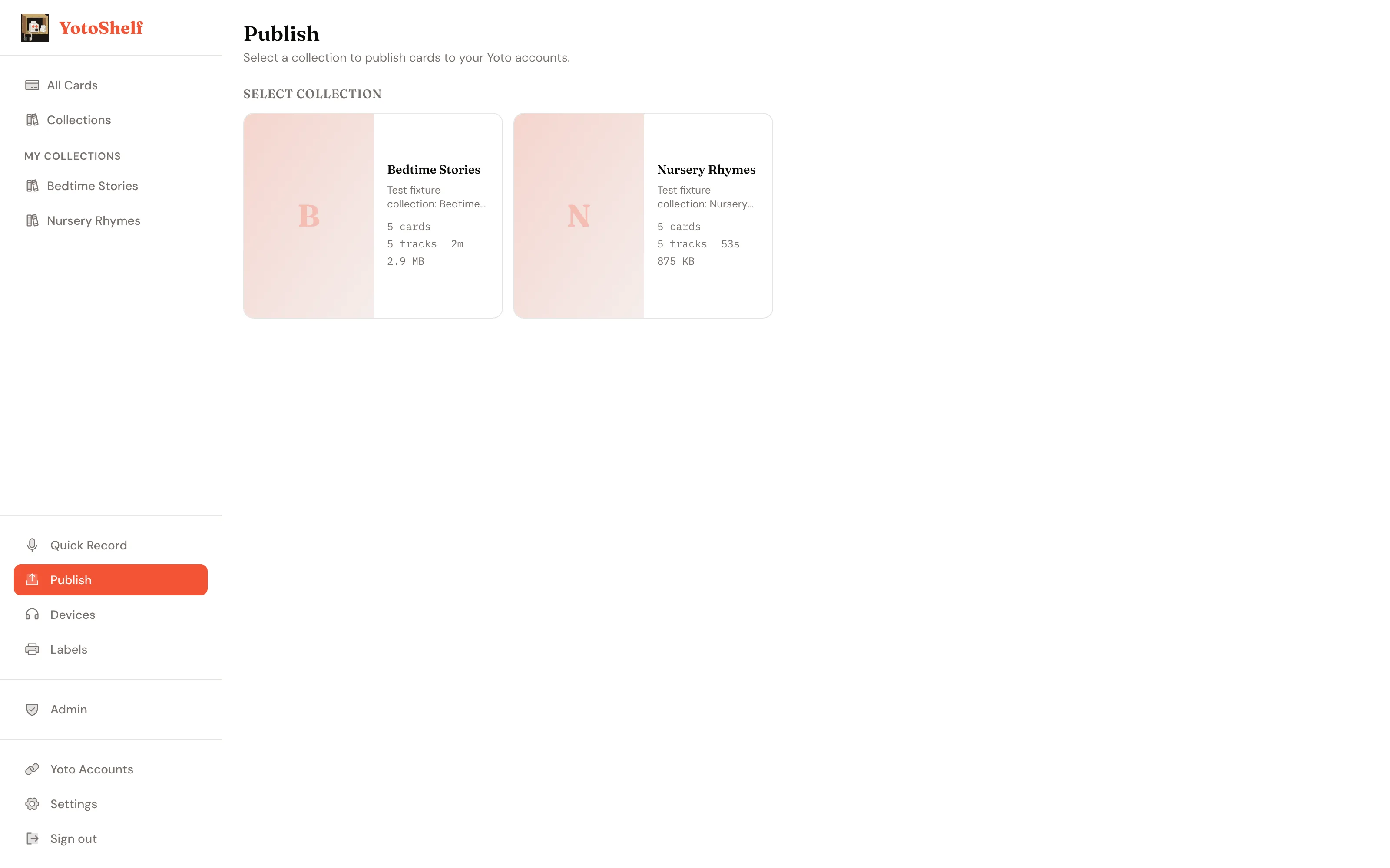 Publish panel for pushing a card to your Yoto account