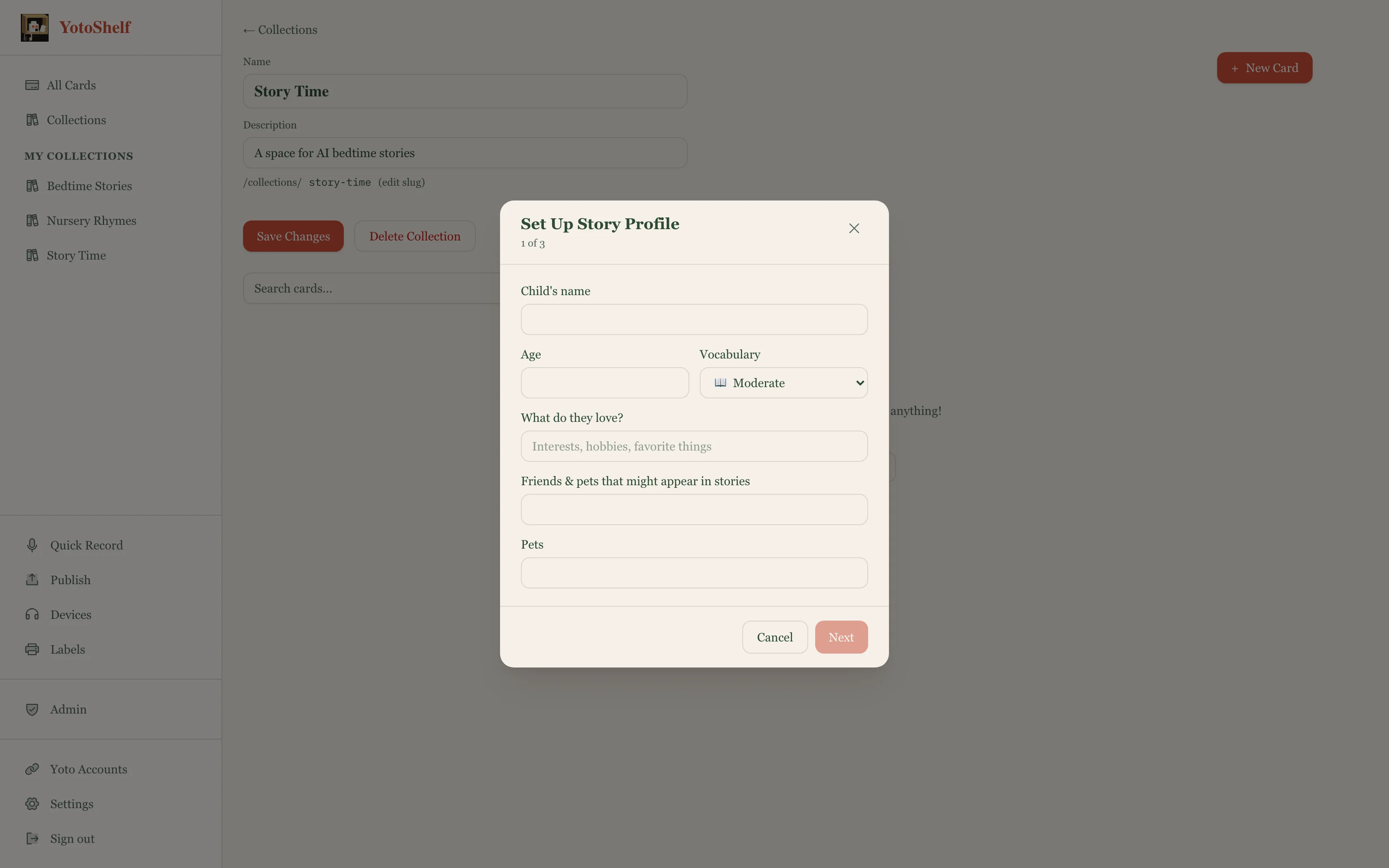 Per-child story profile editor with interests and preferences