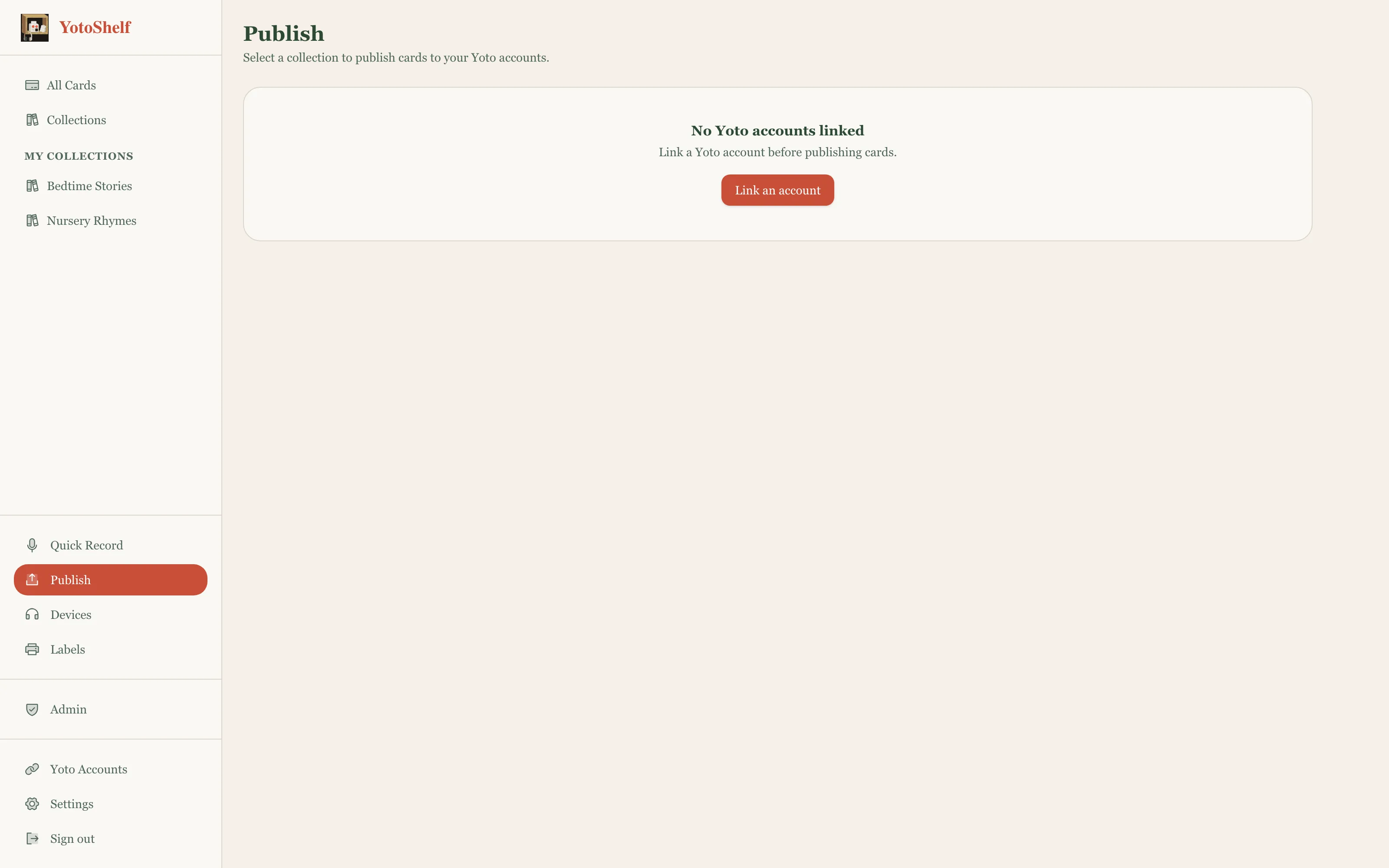 Publish matrix showing card-to-account selection grid