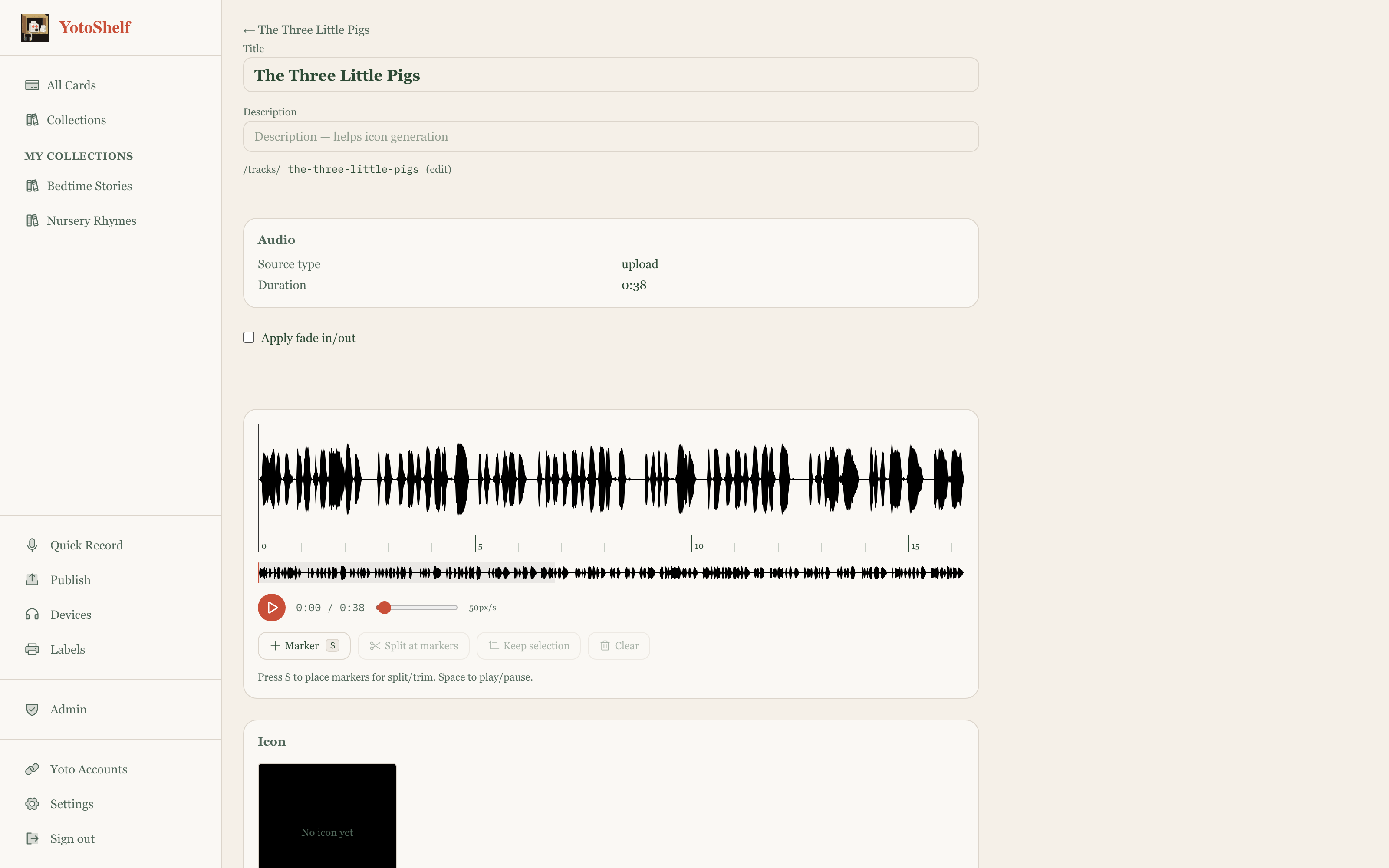 Waveform editor with trim handles and track arrangement controls